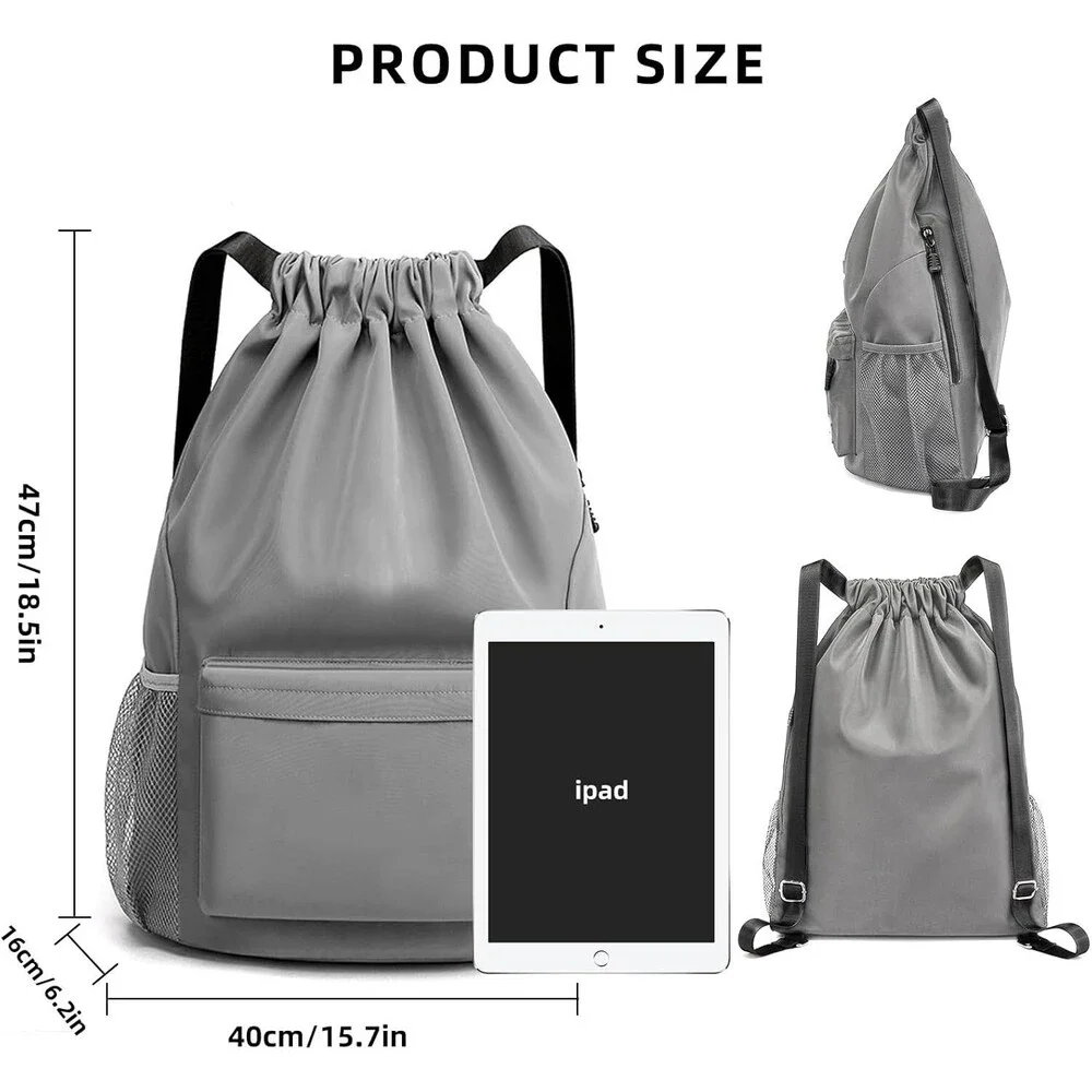 Sports Drawstring Backpack String Swimming Gym Bag with Shoes Grey